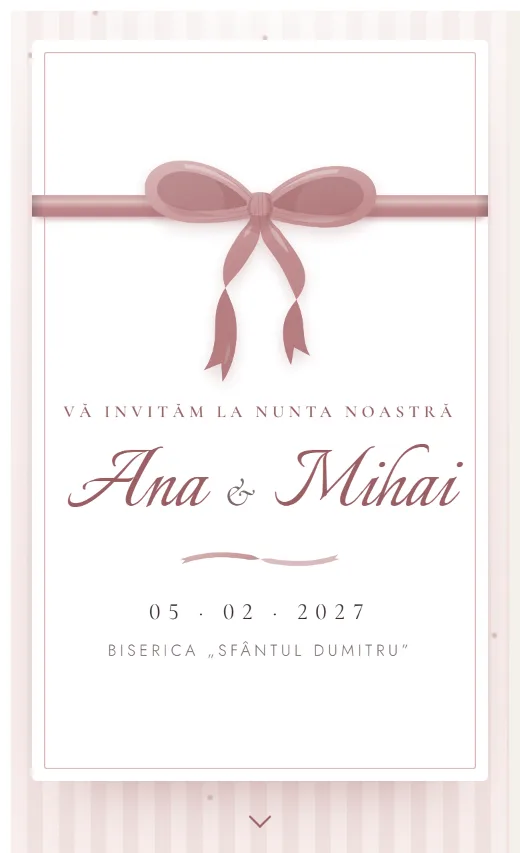 Invitație digitală de nuntă, model Fundă, deschisă pe telefon